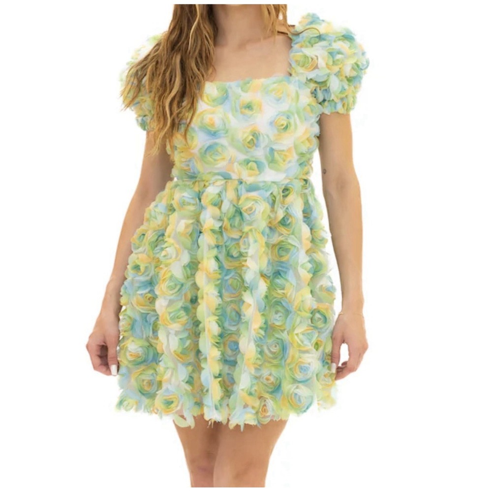 THE SANG Mini‎ Dress Medium Short Sleeve Party Cocktail Floral Summer Zip Puff